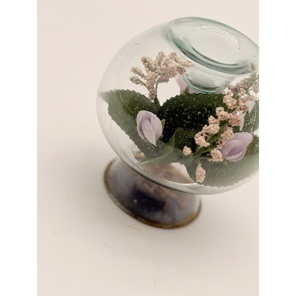 Vintage Glass Terrarium Votive Candle Holder Purple Faux Flowers Pedestal Globe